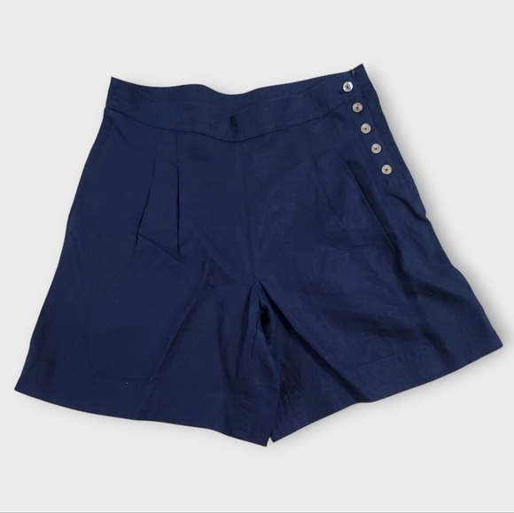 Chico's Navy Blue Linen Shorts Size 1.5 = Medium High Waist Sailor Button - Picture 1 of 11